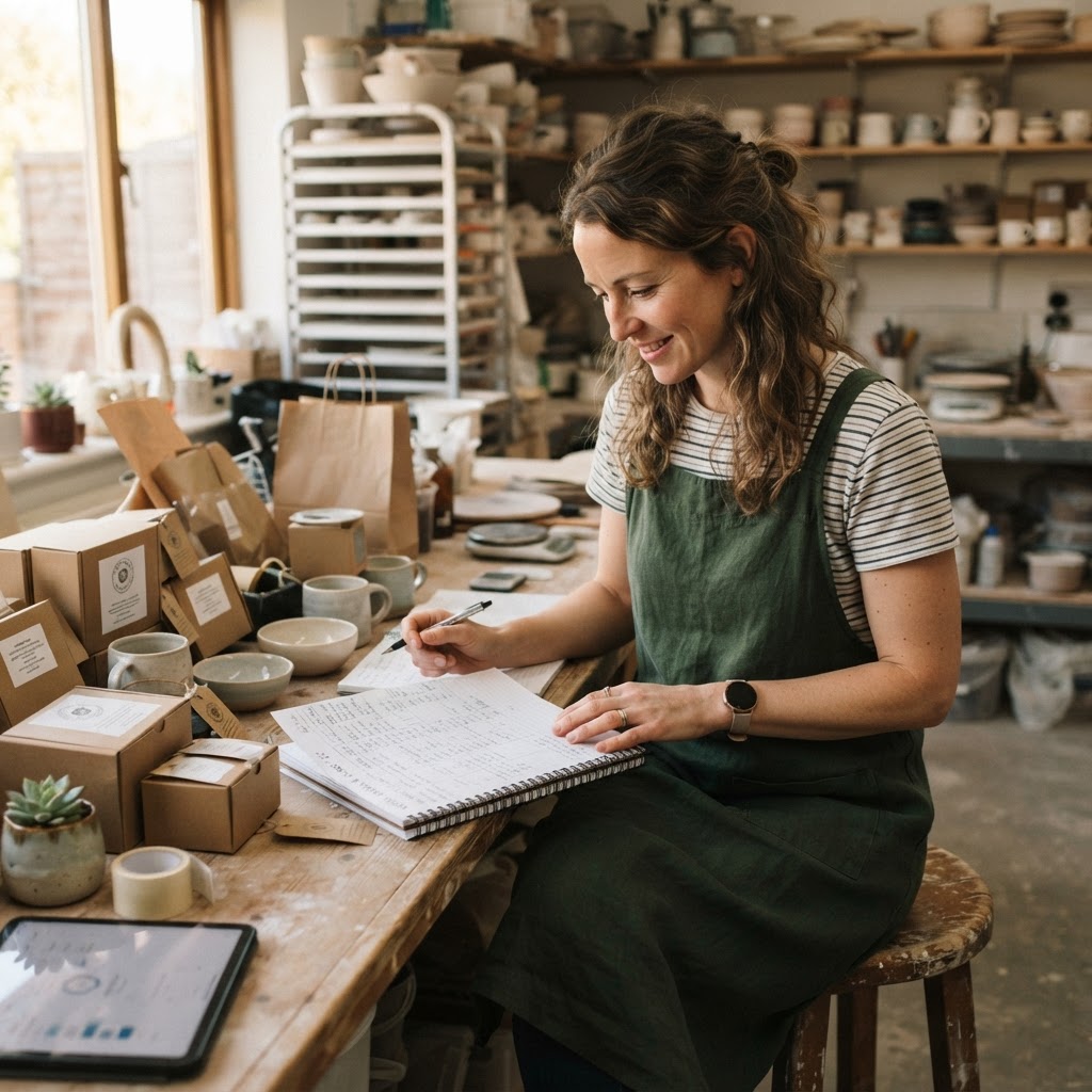 A candid phone photo of a small business owner reviewing sales and pricing notes beside products