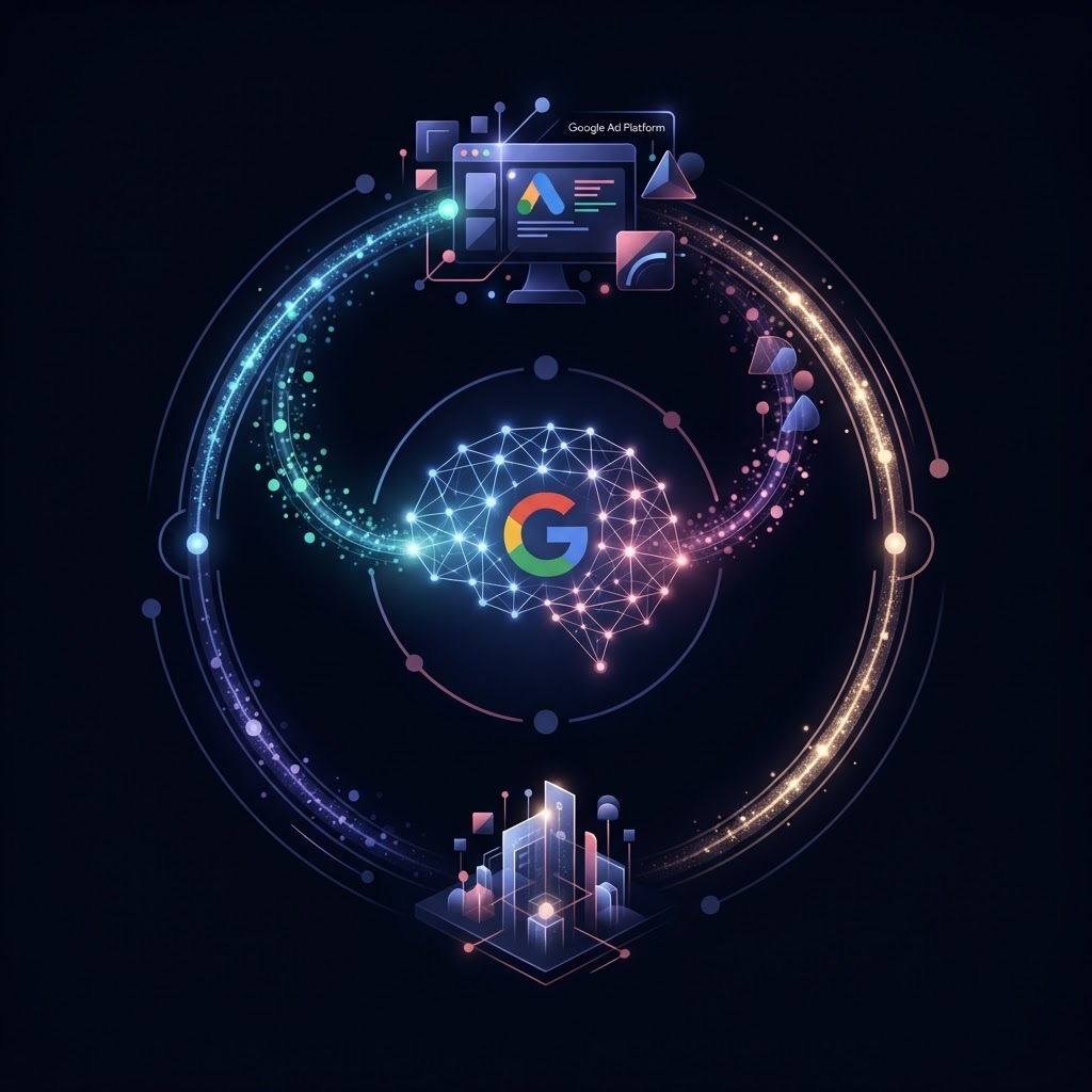 The loop is elegant and self-reinforcing. Google's AI tells you to spend more on Google. Dark editorial infographic showing a circular self-reinforcing loop between an AI brain and an ad platform, indigo and rose glow accents