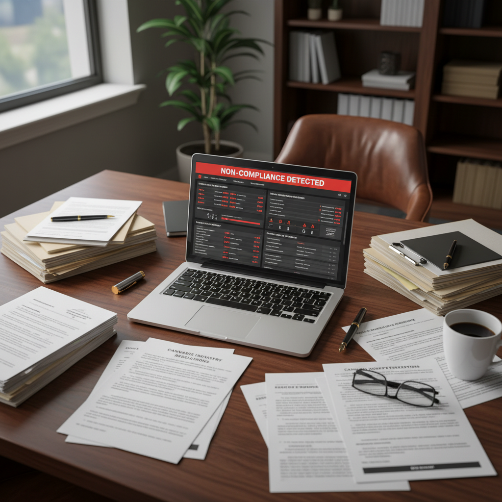 Compliance officer desk with AI audit documents and attribution dashboards showing red warnings