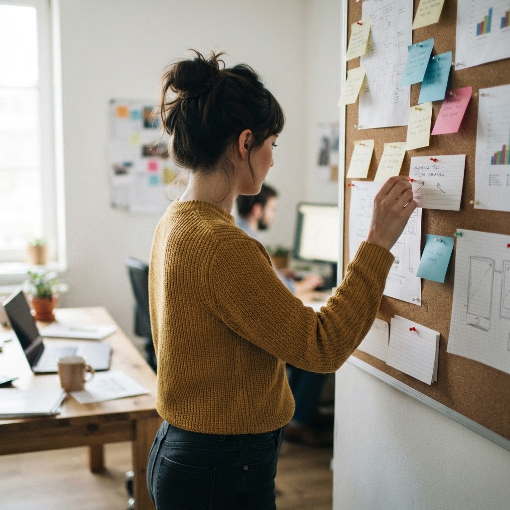 A candid phone photo of a marketer pinning an experiment plan on a corkboard