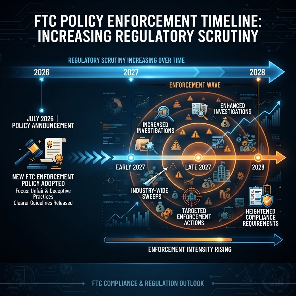 Timeline infographic showing FTC enforcement wave from 2026-2028