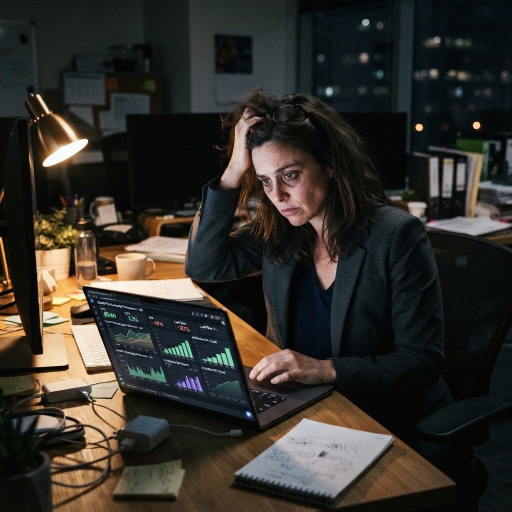 The real work: measuring what actually works. CMO analyzing ChatGPT ad performance at night
