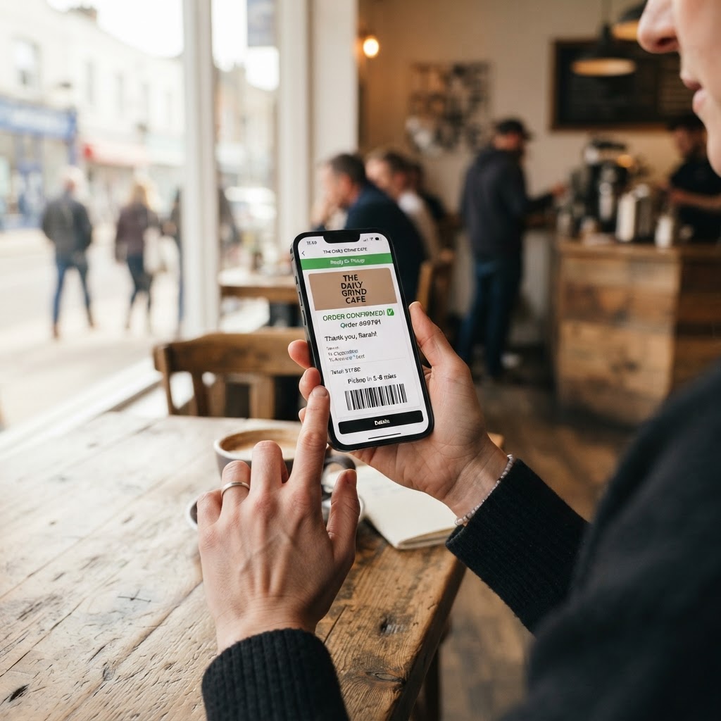 Customer's hand holding smartphone with order confirmation, soft natural light