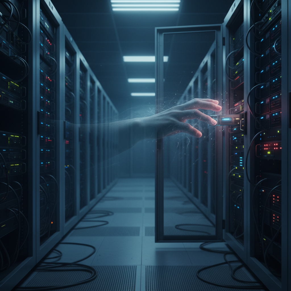 Data center server room with glowing lights