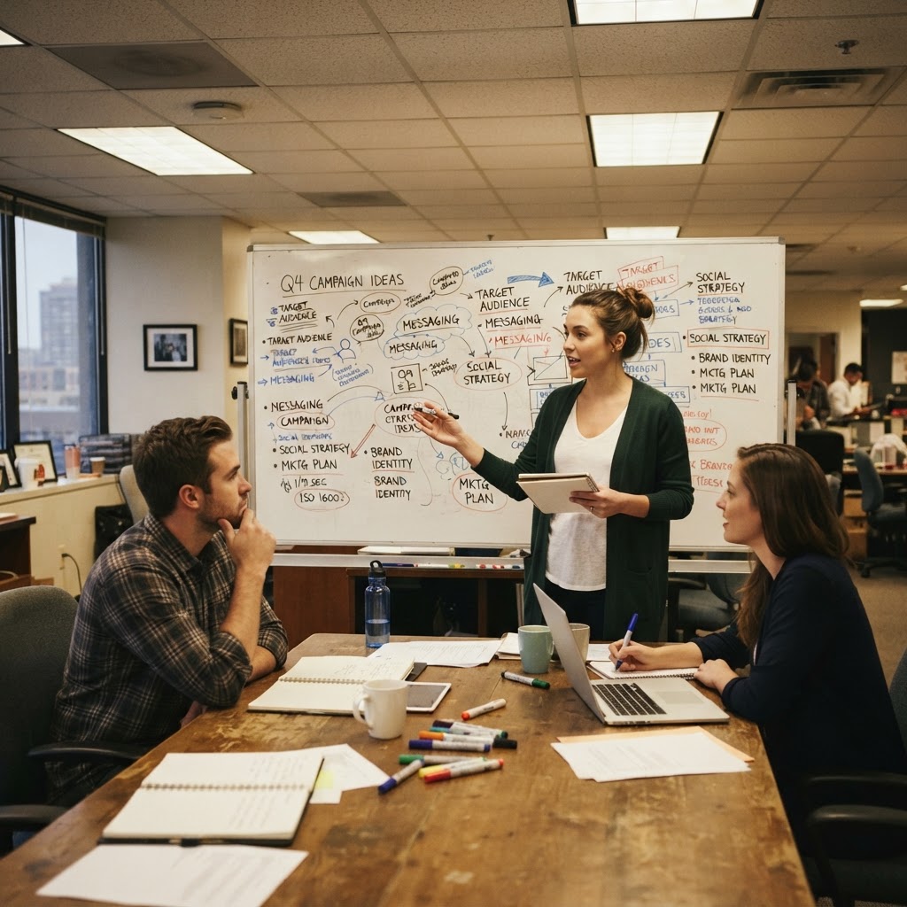 The meeting AI can't replicate. The whiteboard it can't draw. Brand team reviewing hand-drawn creative concepts in a real office, candid phone photo