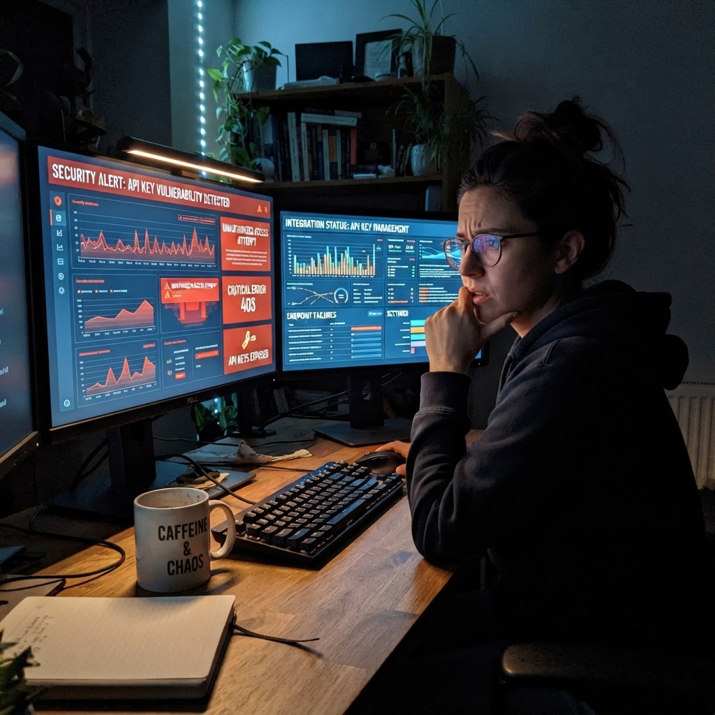 Most marketers can see the alerts. What they can't see is what's behind them. A marketer working late at a desk, two monitors showing security alerts and API dashboards