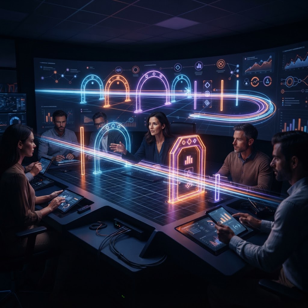 Illuminated gates surround an AI campaign pipeline, showing approval and stop-rule checkpoints
