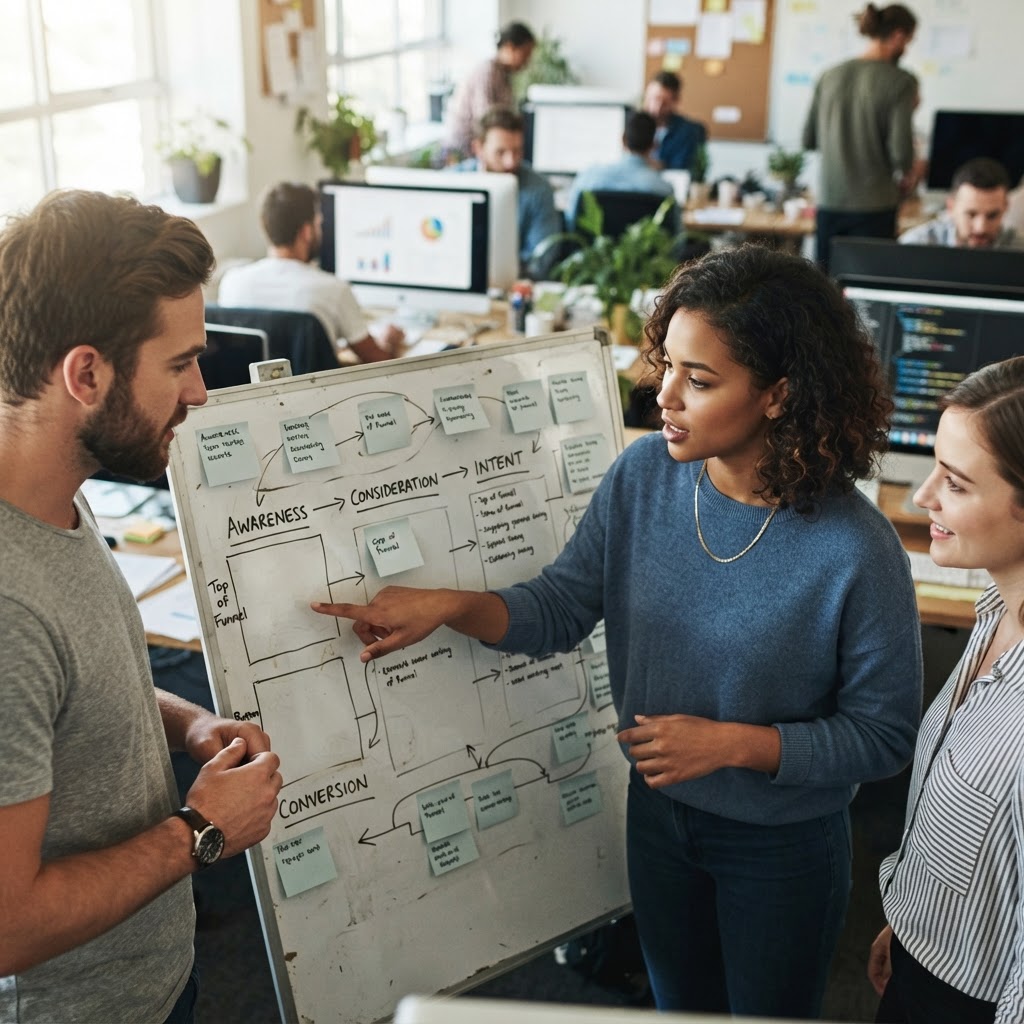 A small marketing team maps the gap between AI discovery, customer action, and revenue in a real workspace.