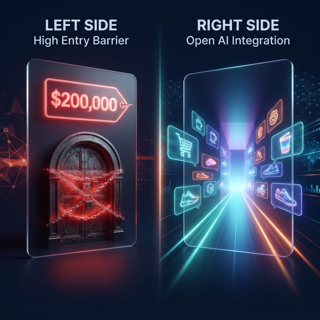 Split comparison: locked $200K ad door vs open AI answer pathway