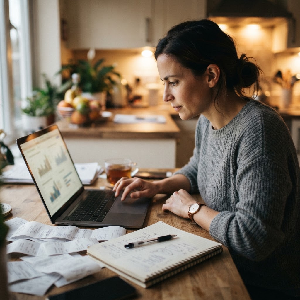 A candid phone photo of a small business owner reviewing campaign results beside receipts