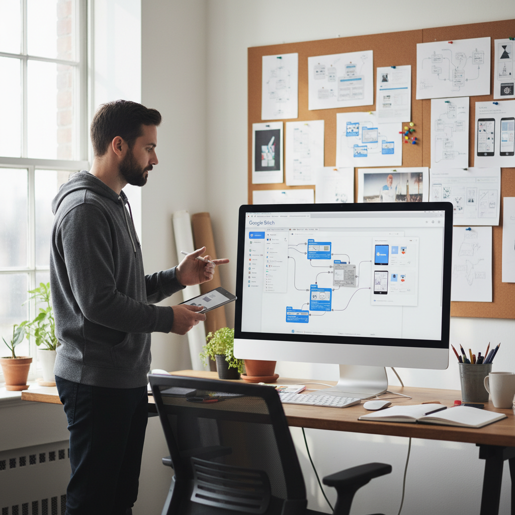 A designer at a large iMac examining Google Stitch's AI-generated UI layout in a bright creative studio