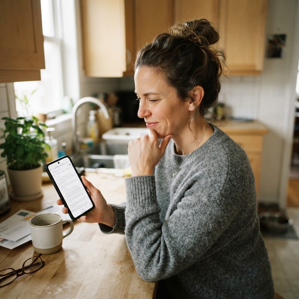 Small business owner checking an AI search answer on a smartphone at a kitchen counter