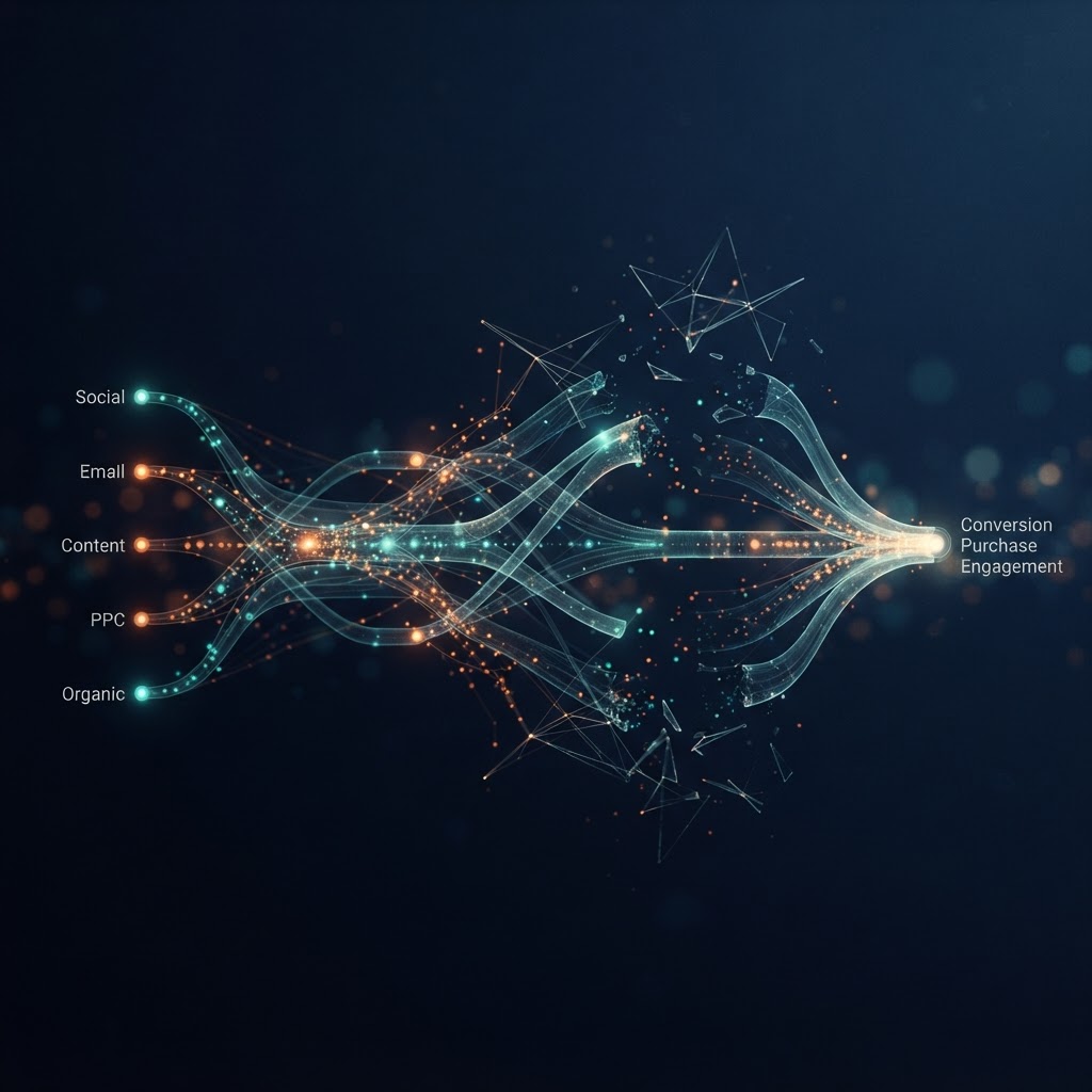 A customer journey map with missing attribution links and disconnected channel signals