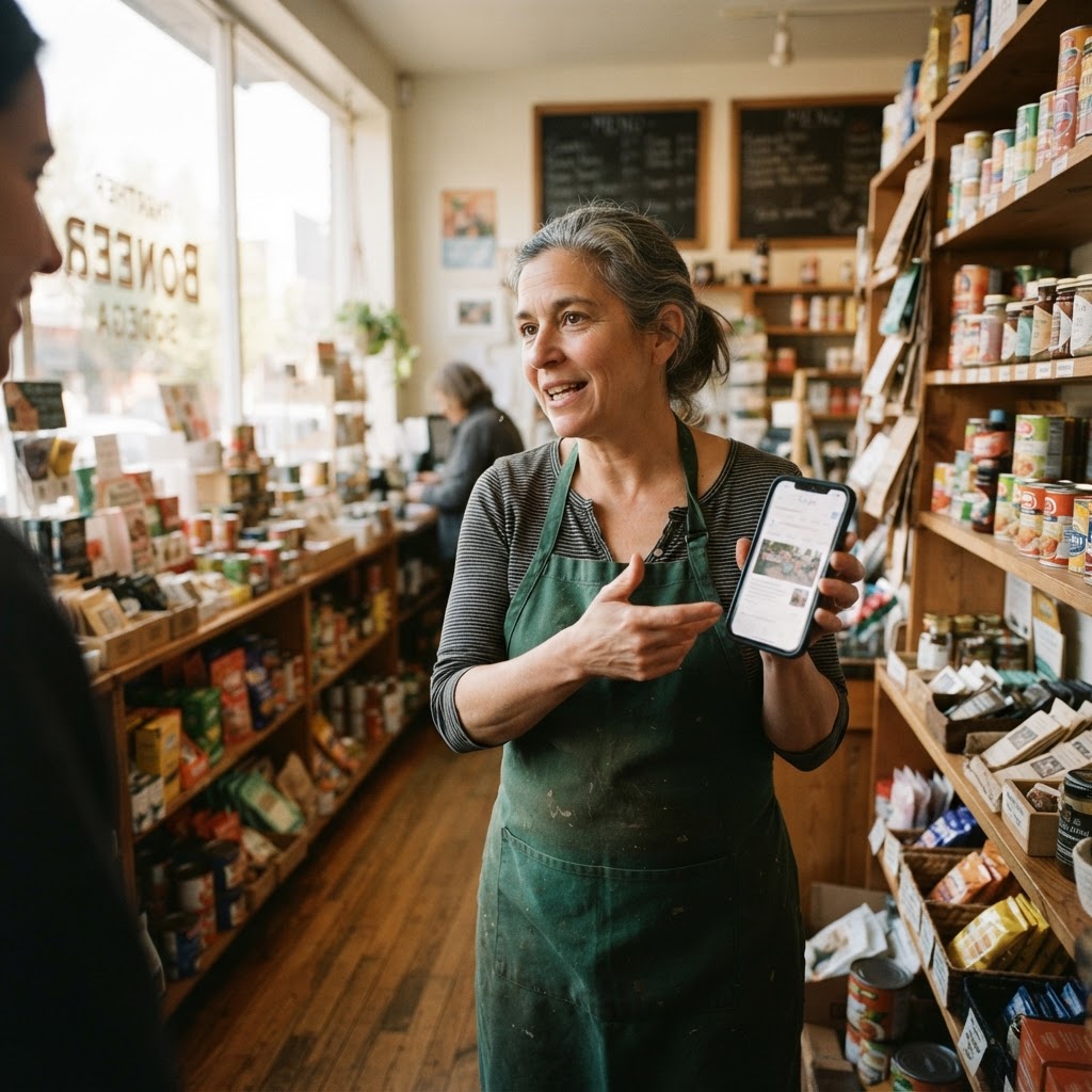 A candid phone photo of a small retail owner reviewing search results beside store shelves