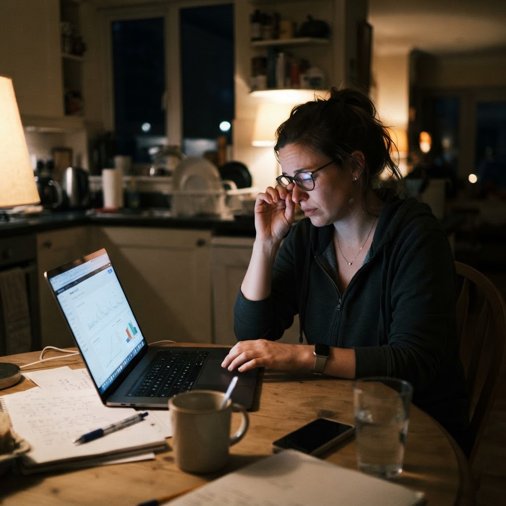 A marketer reviews campaign alerts late at night at a kitchen table, candid phone-camera style