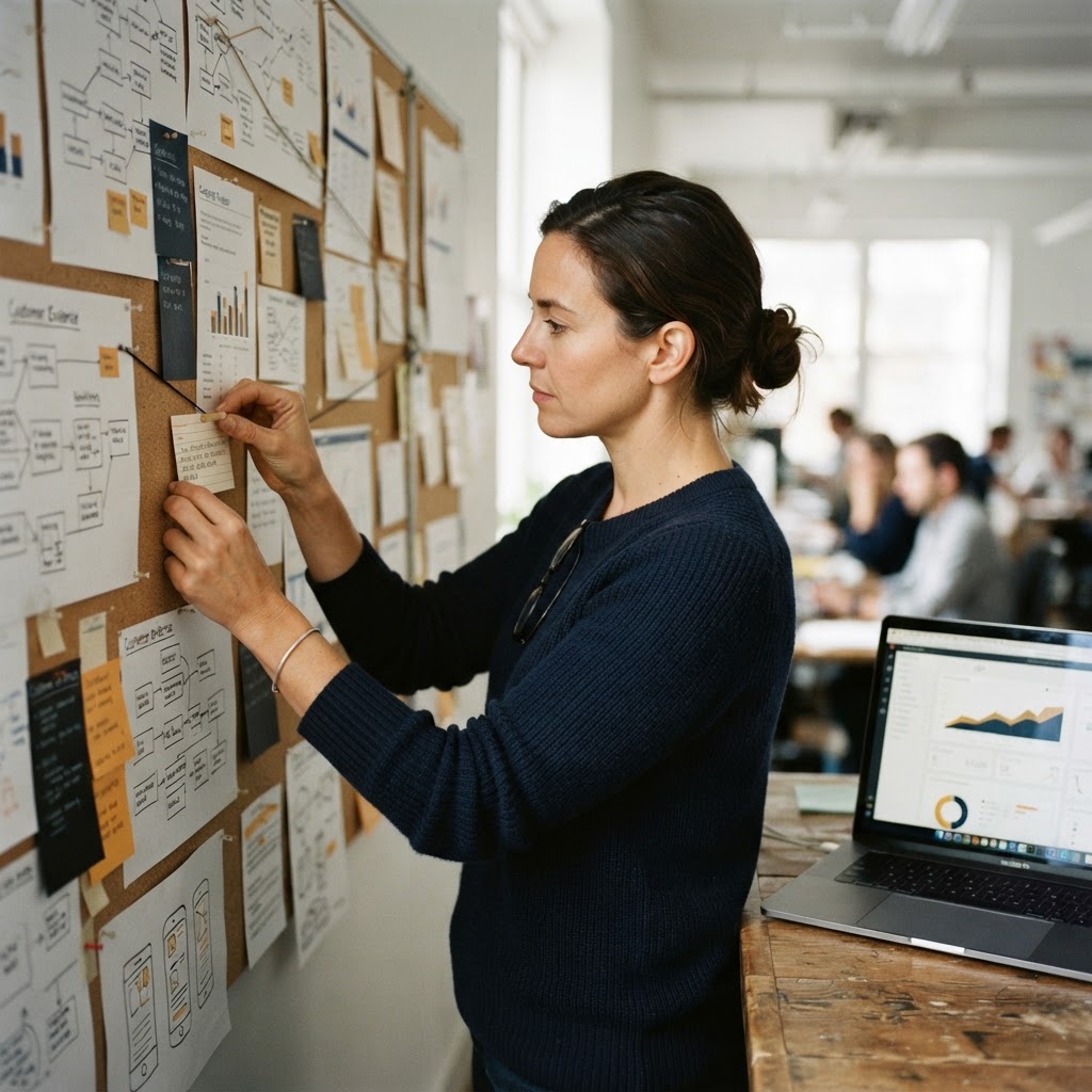 A strategist organizing approved brand facts and customer evidence beside a laptop