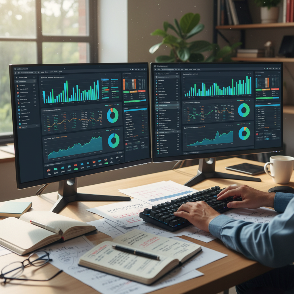 Data analyst monitoring dashboards at workspace