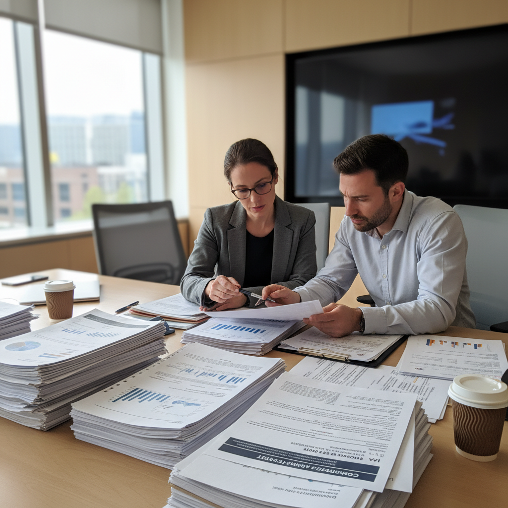 Two compliance officers reviewing audit documents at conference table, natural office lighting