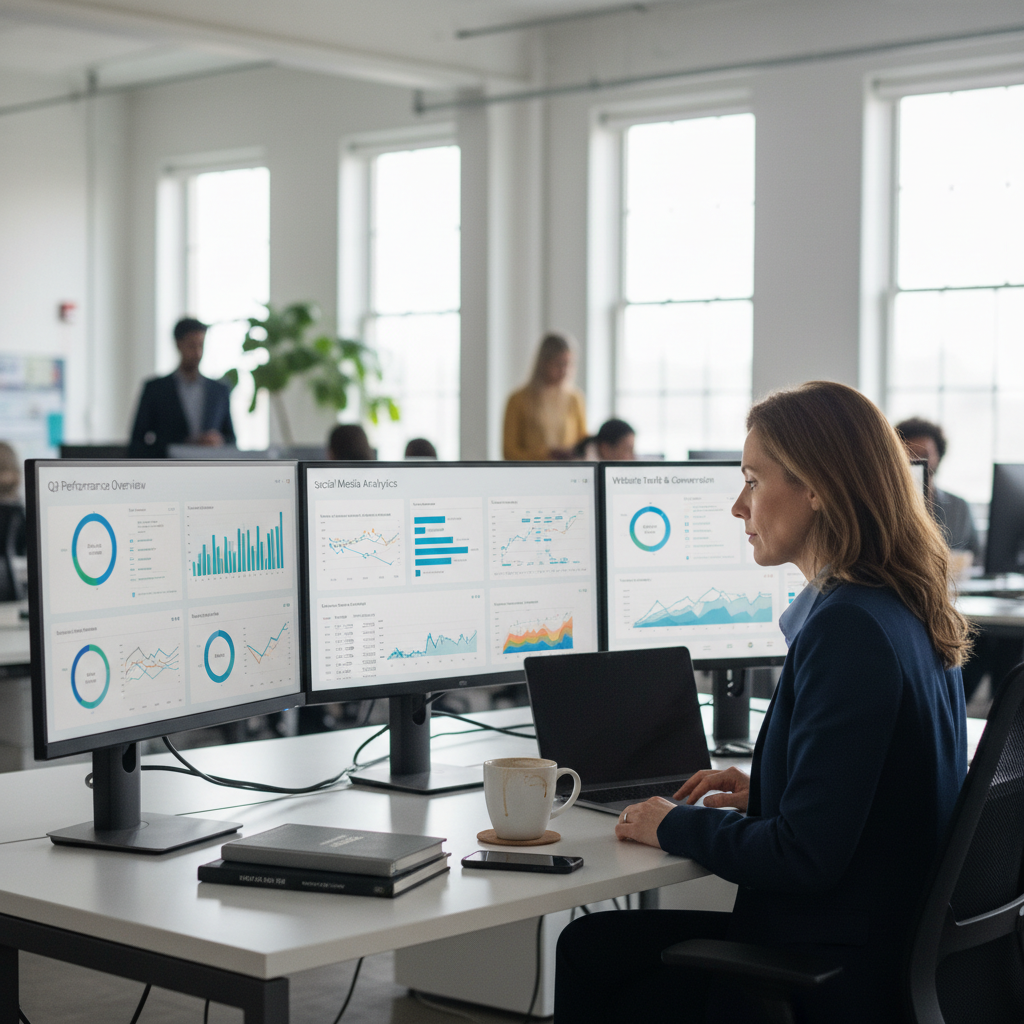 CMO monitoring dashboards at desk with multiple screens