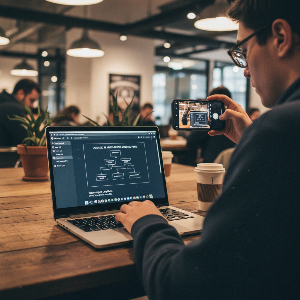 Developer reviewing AI integration code in GitHub at co-working space