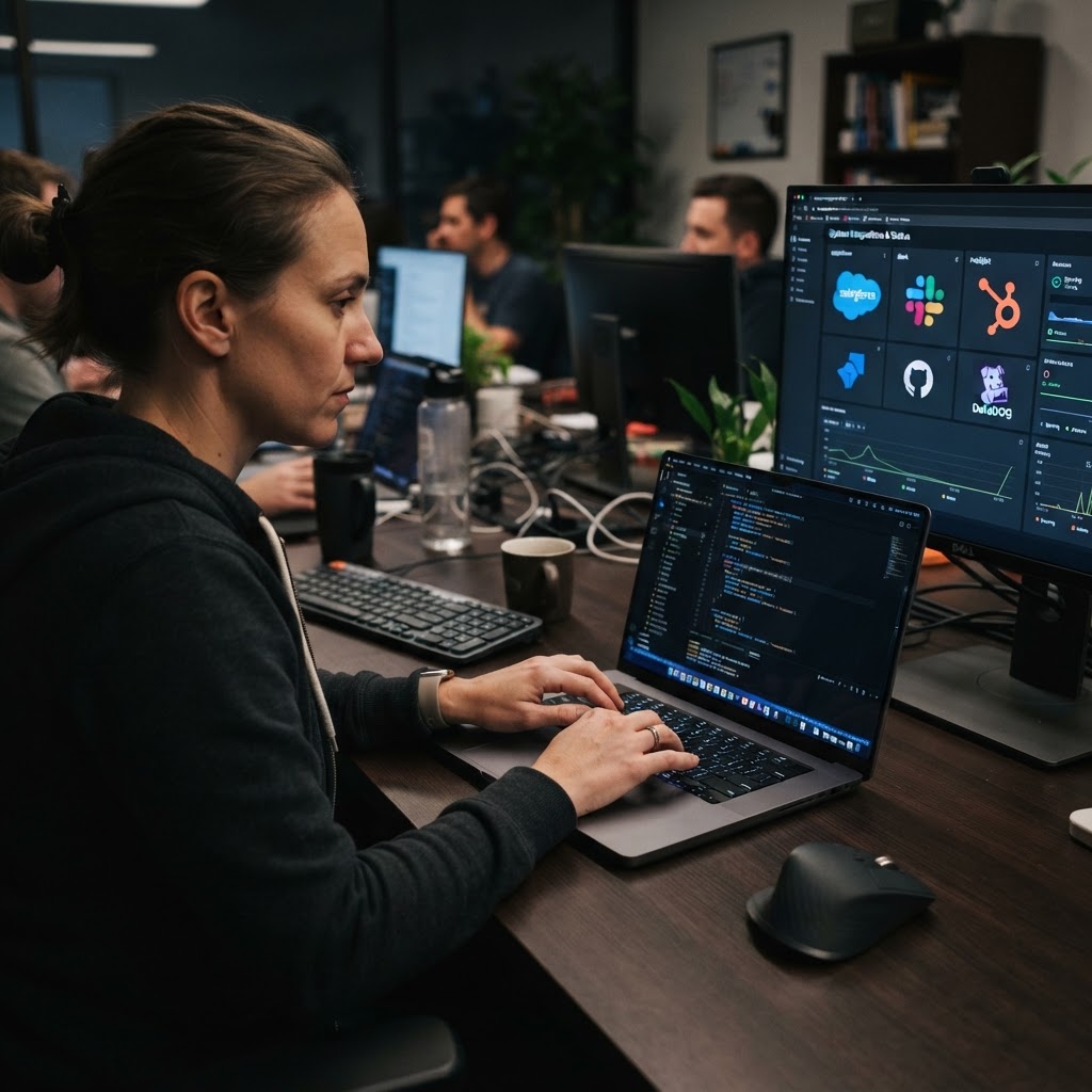 Integration work is invisible on paper, catastrophic in reality. These hours get burnt before deployment. Developer hands typing code, integration systems on monitor, Salesforce Slack HubSpot connections