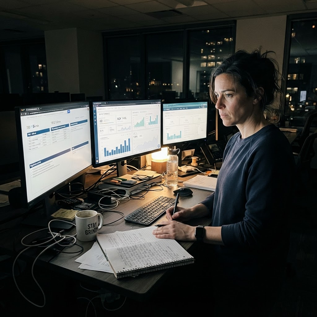 Midnight vendor audit. The new normal for CMOs managing AI tool proliferation and lock-in risk Marketing manager at standing desk reviewing multiple SaaS pricing dashboards late at night, notebook full of vendor comparisons