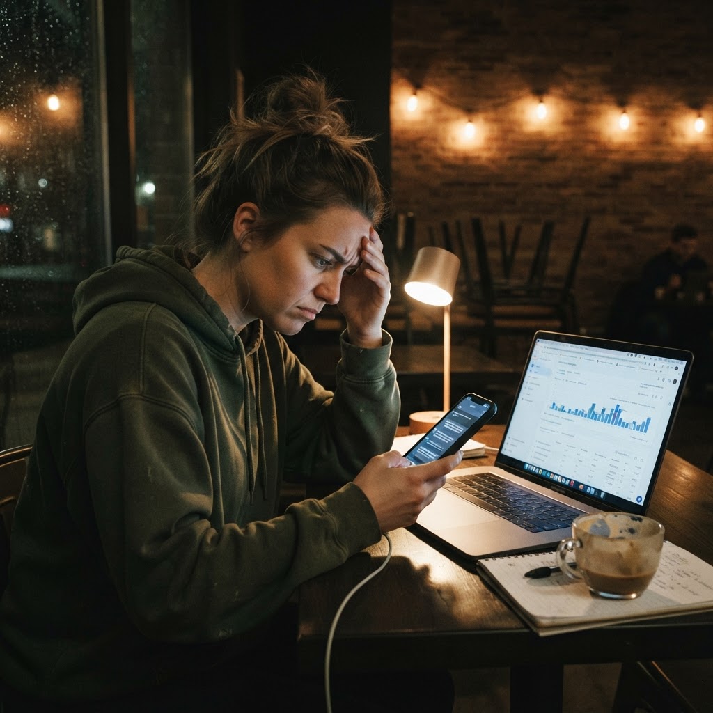 Marketer frustrated while scrolling ChatGPT responses at night