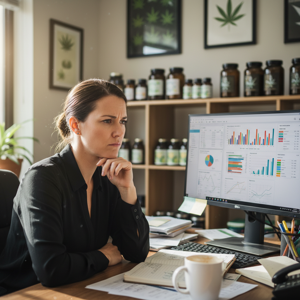 Cannabis retail manager reviewing marketing analytics dashboard with concerned expression