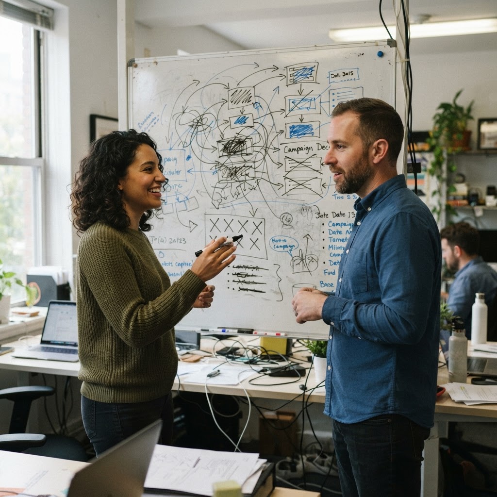 A marketer and operations lead review a whiteboard of campaign decisions in a real small office