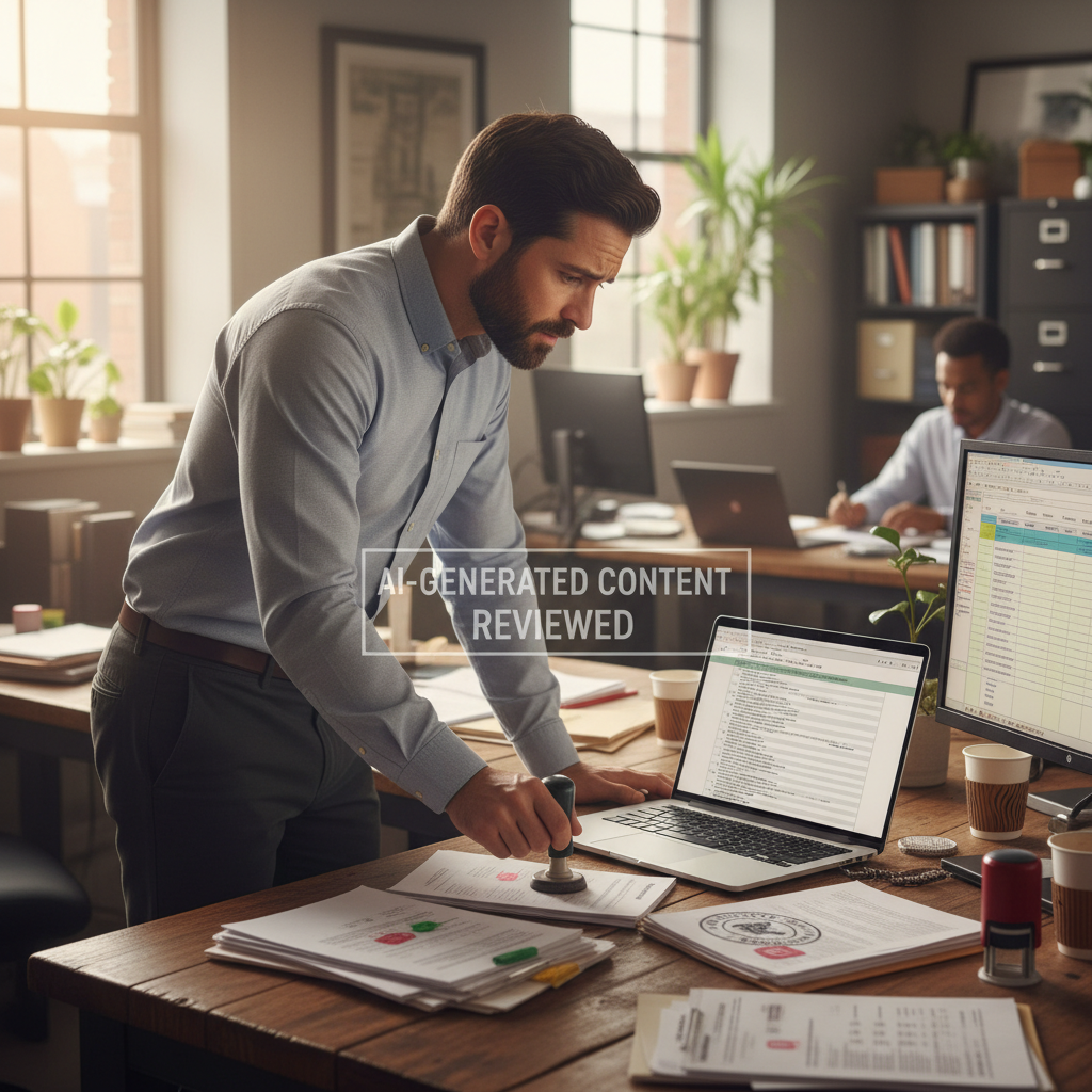 Compliance officer at desk reviewing AI-generated content with uncertainty