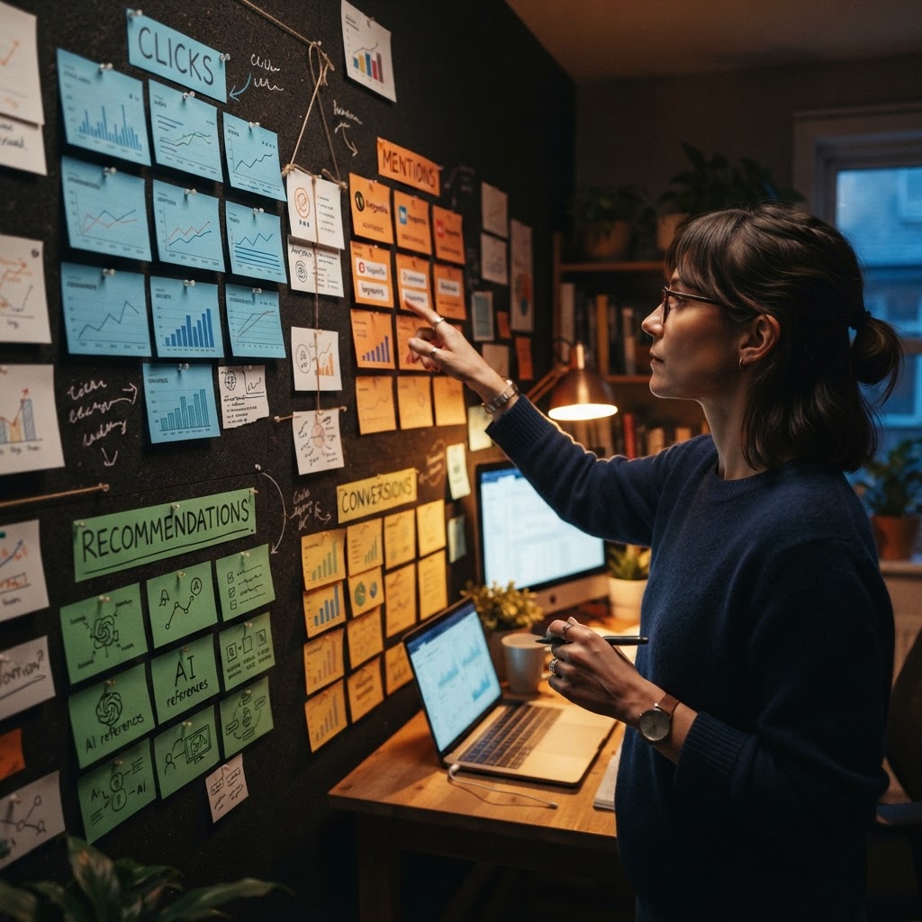 A marketer reviewing separate panels for clicks, mentions, recommendations, and conversions