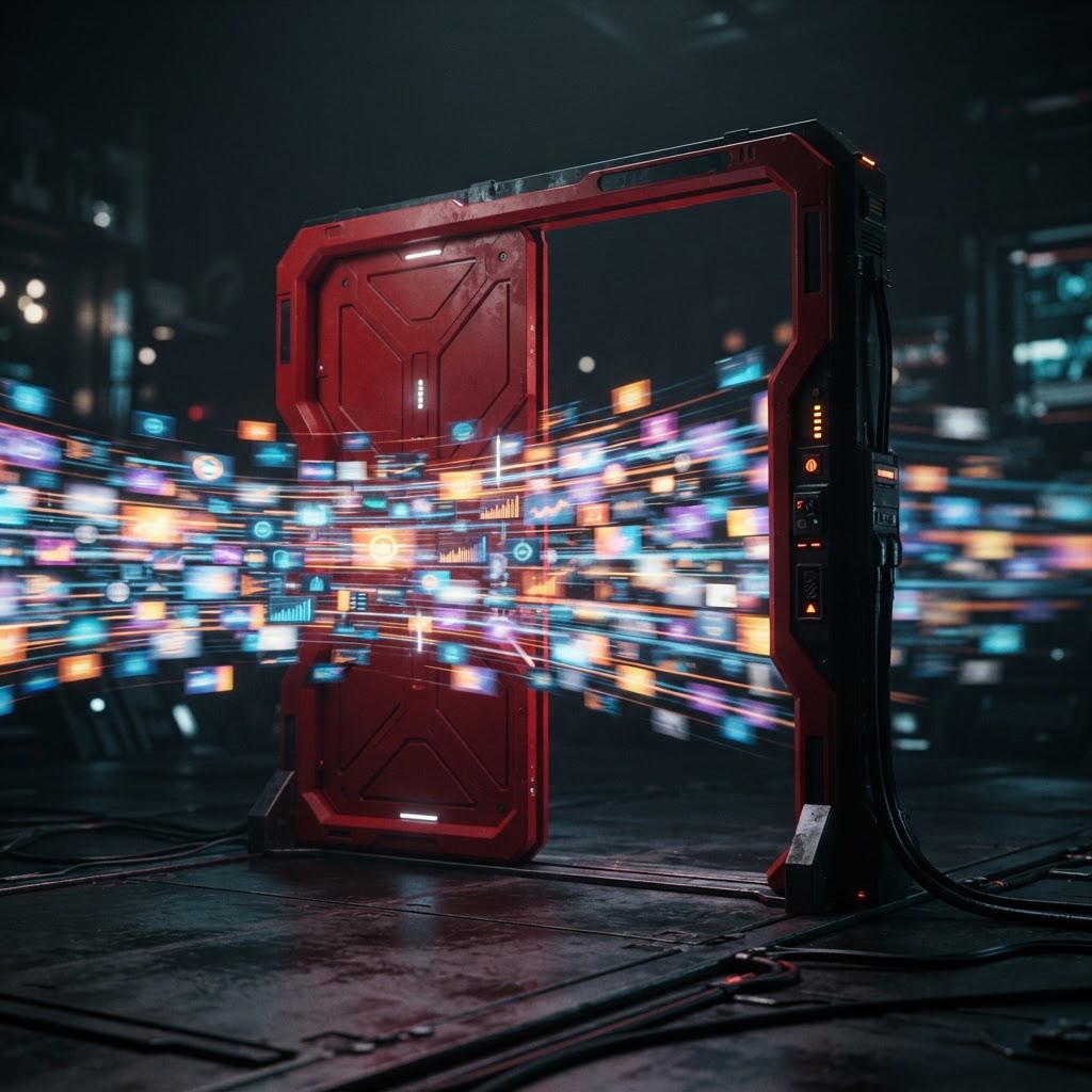 A red approval gate stands in front of a stream of campaign variations