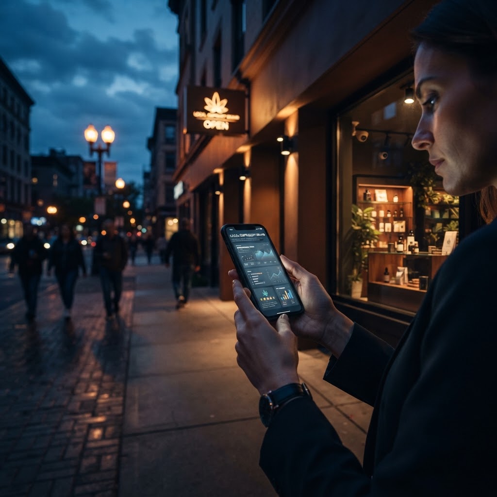 Local storefront at dusk with a phone checking an abstract AI answer