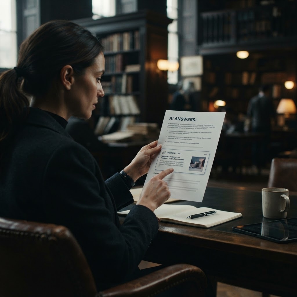 The source of a claim matters more once the answer feels personal Printed source material and an AI recommendation review in an archive