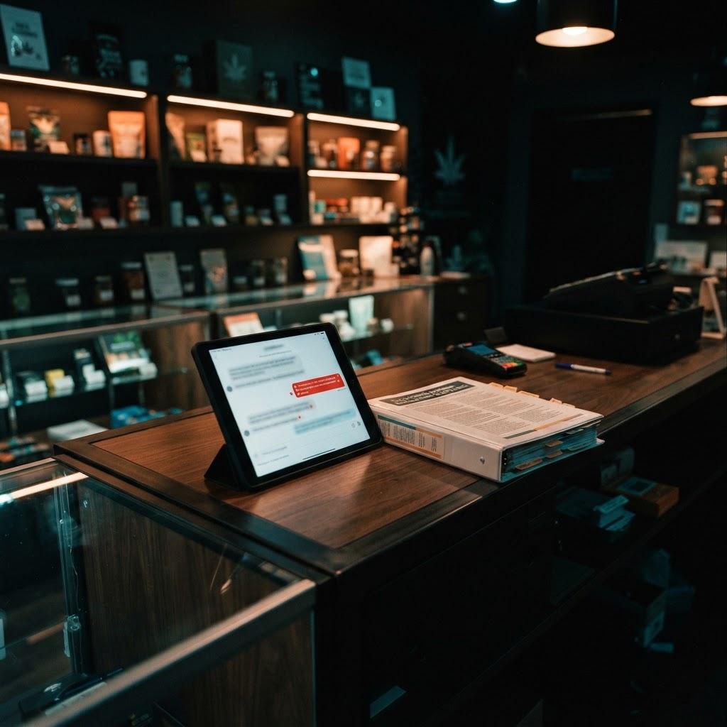 A dark dispensary service counter with a tablet showing a generic chatbot conversation beside California cannabis compliance materials.
