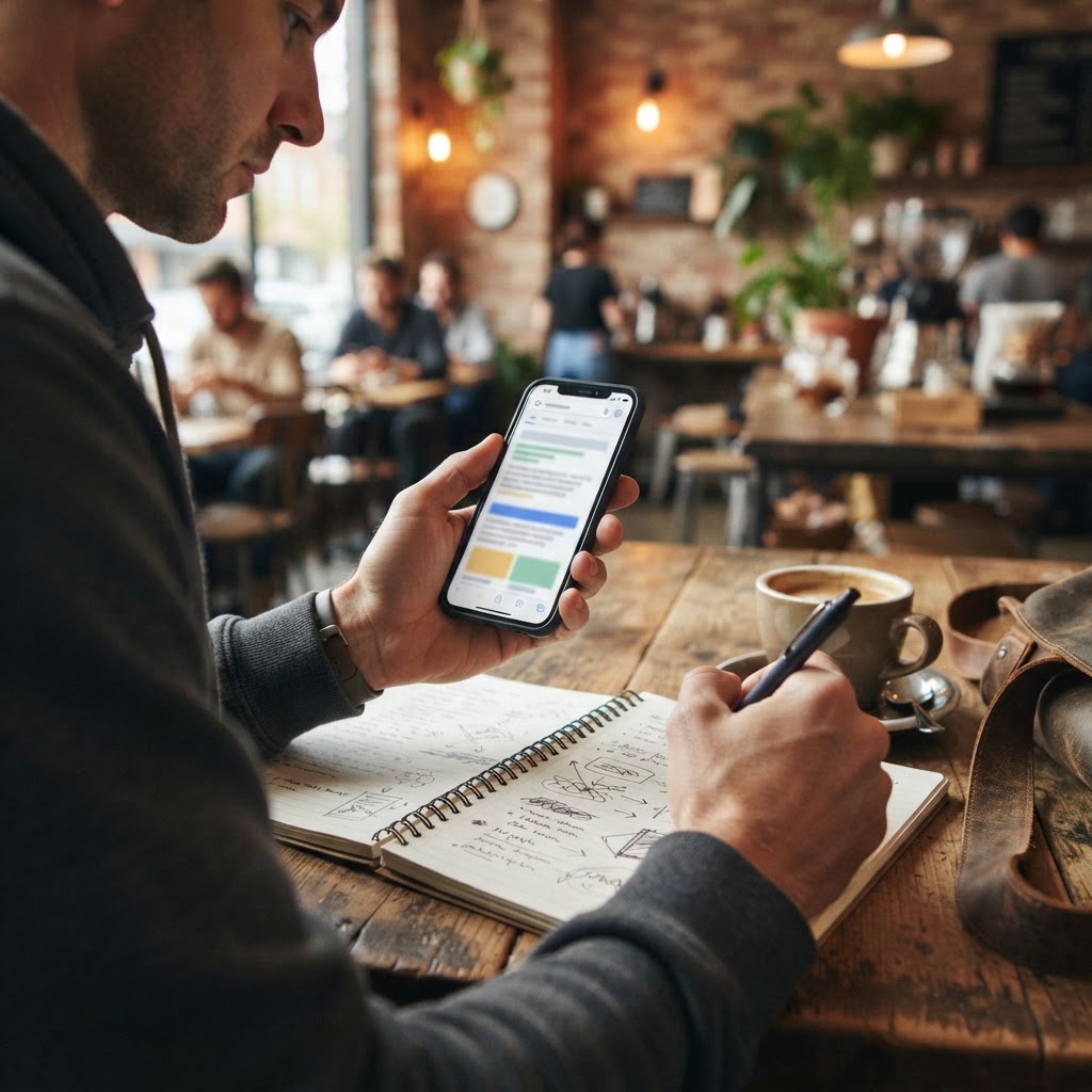 A marketer checking an AI search answer on a phone in a coffee shop