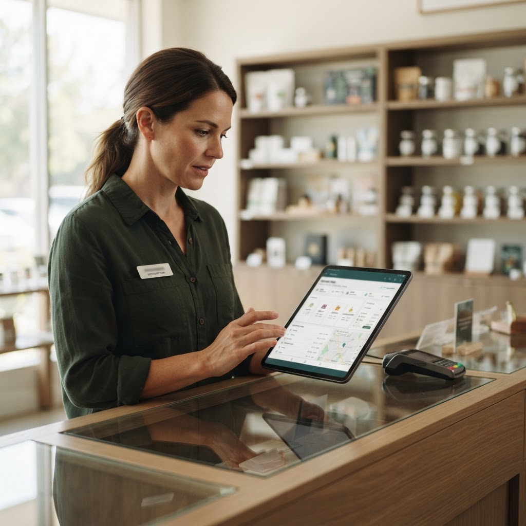 A dispensary operator reviewing menu fields and location information on a tablet