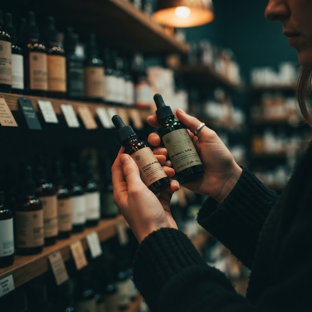 Shopper comparing products on a retail shelf