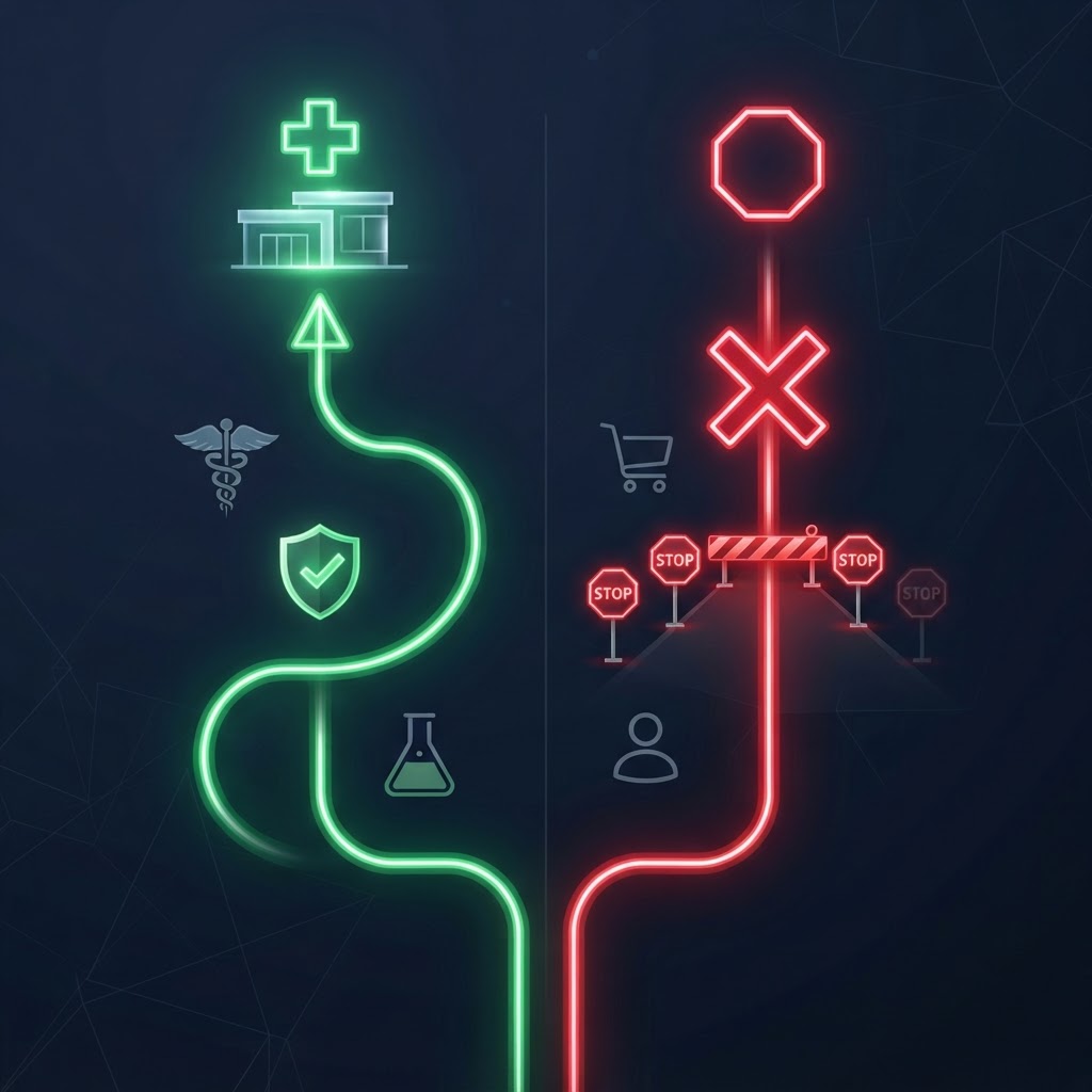 Split pathway showing medical cannabis with a green regulatory path and recreational cannabis with a red blocked path