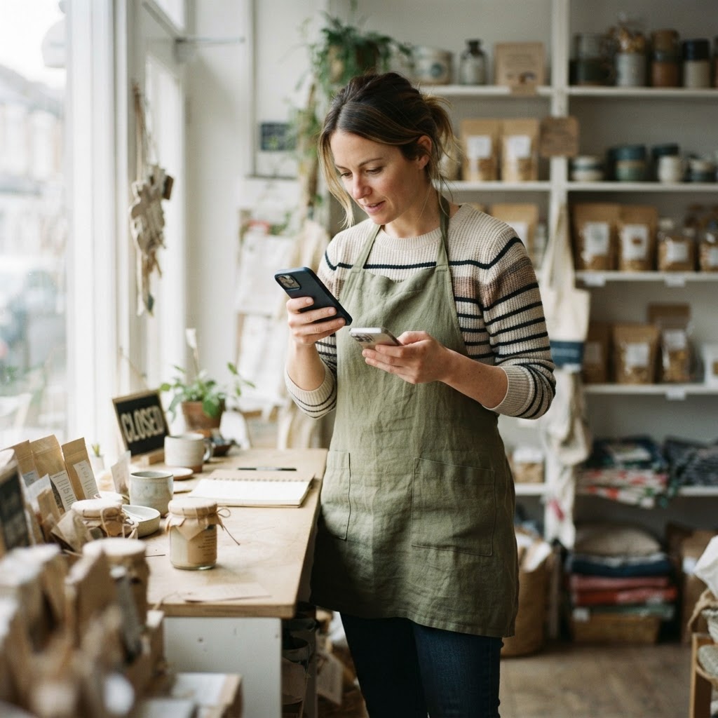 The channel changes quickly. The customer still wants the details to be right. An independent shop owner takes a quick photo of product packaging before opening, checking details on a phone in natural morning light