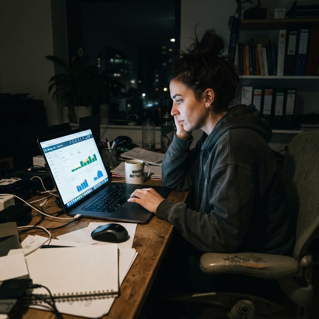 11 PM. Still optimizing. Still trusting the AI that Google built. Candid photo of a marketer at a laptop late at night, Google Ads dashboard glowing on screen, coffee cup nearby
