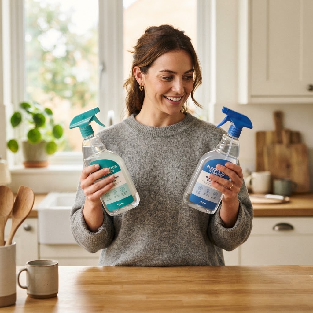 A shopper comparing two products at home with a clear sense of decision confidence