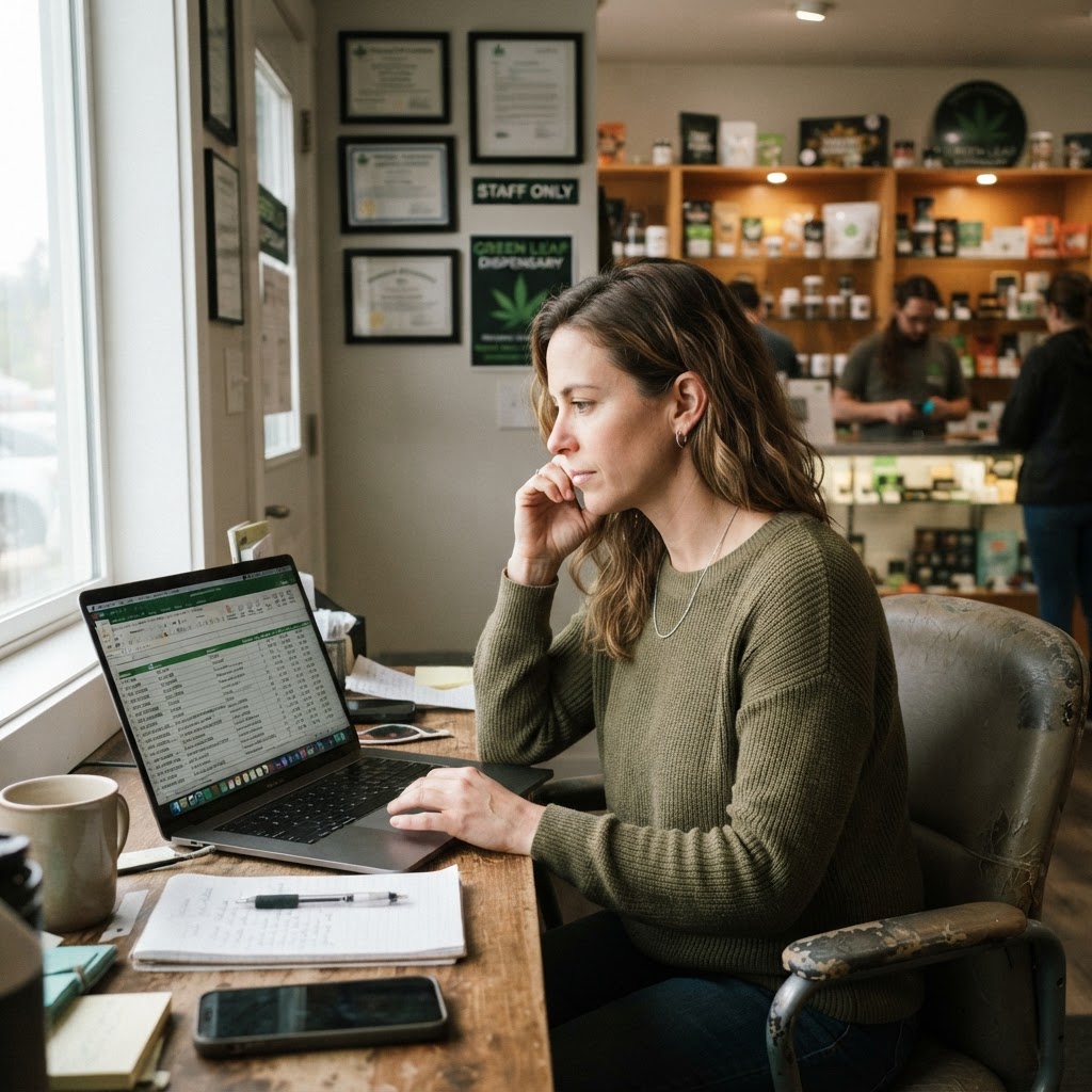 Dispensary operator reviewing product data on laptop