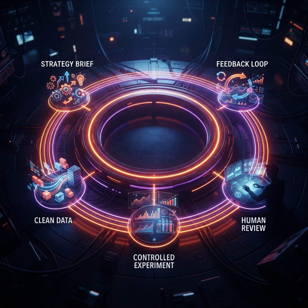 A circular AI marketing operating loop connecting strategy, clean data, testing, review, and feedback