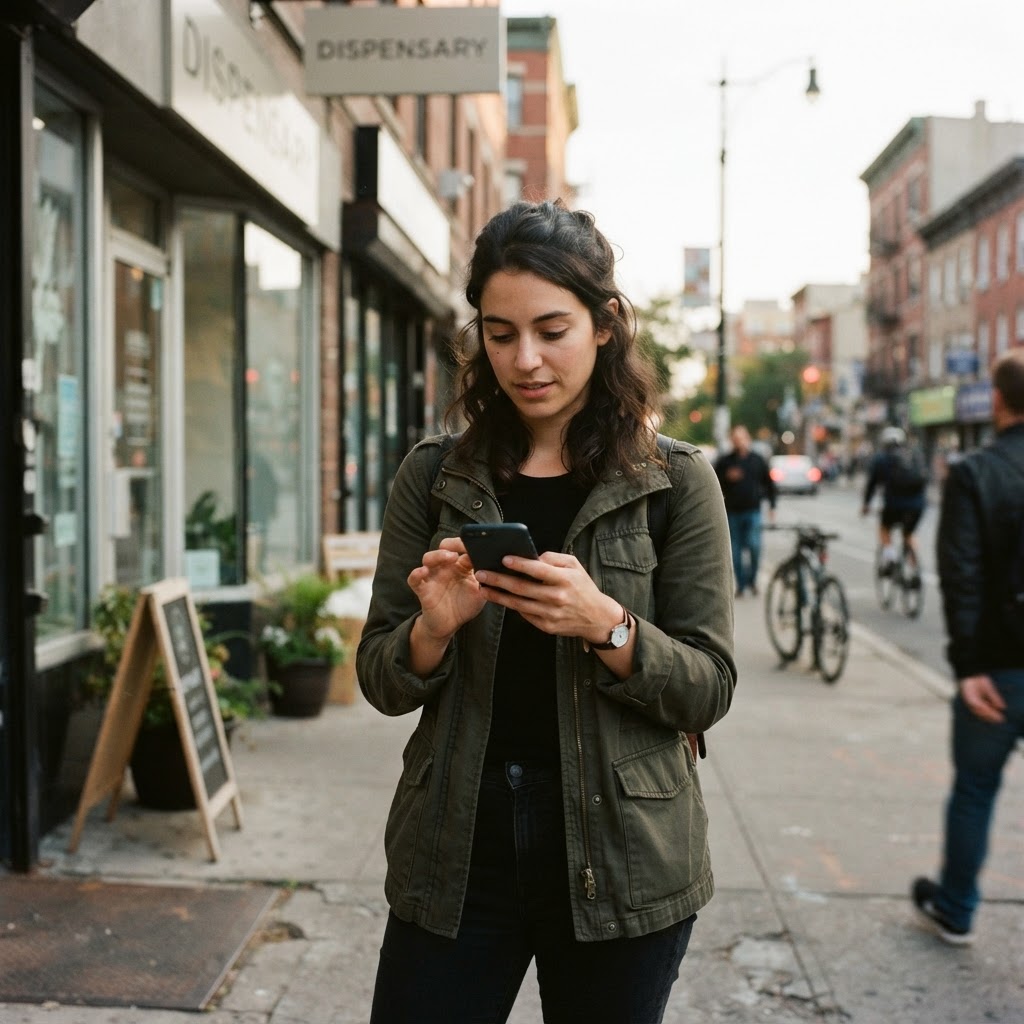 A marketing operator checks a local search result outside a licensed dispensary