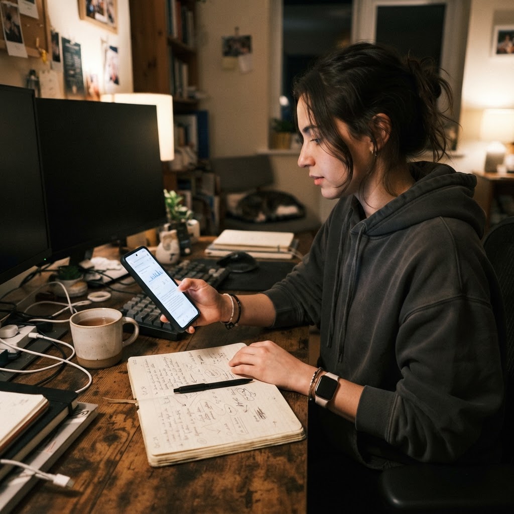 Candid phone photo of a marketer comparing an AI answer with handwritten review notes
