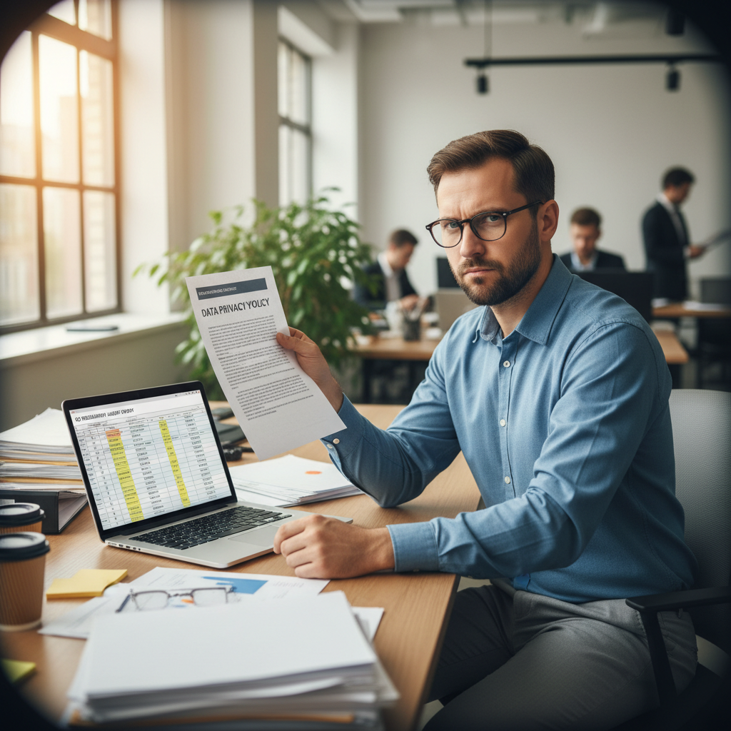 A compliance officer reading policy documents at their desk, looking skeptical