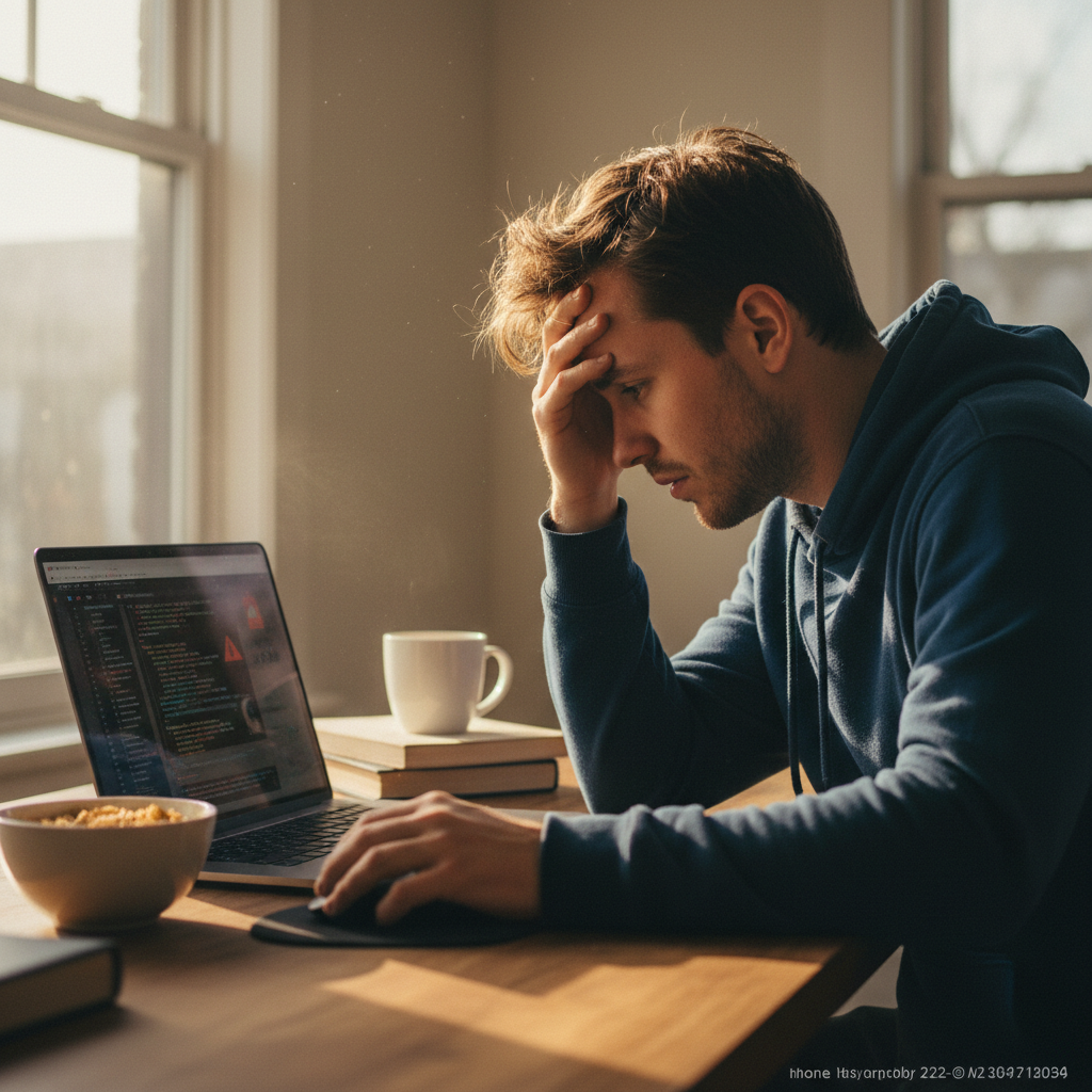 Engineer at home desk with frustrated expression looking at laptop screen
