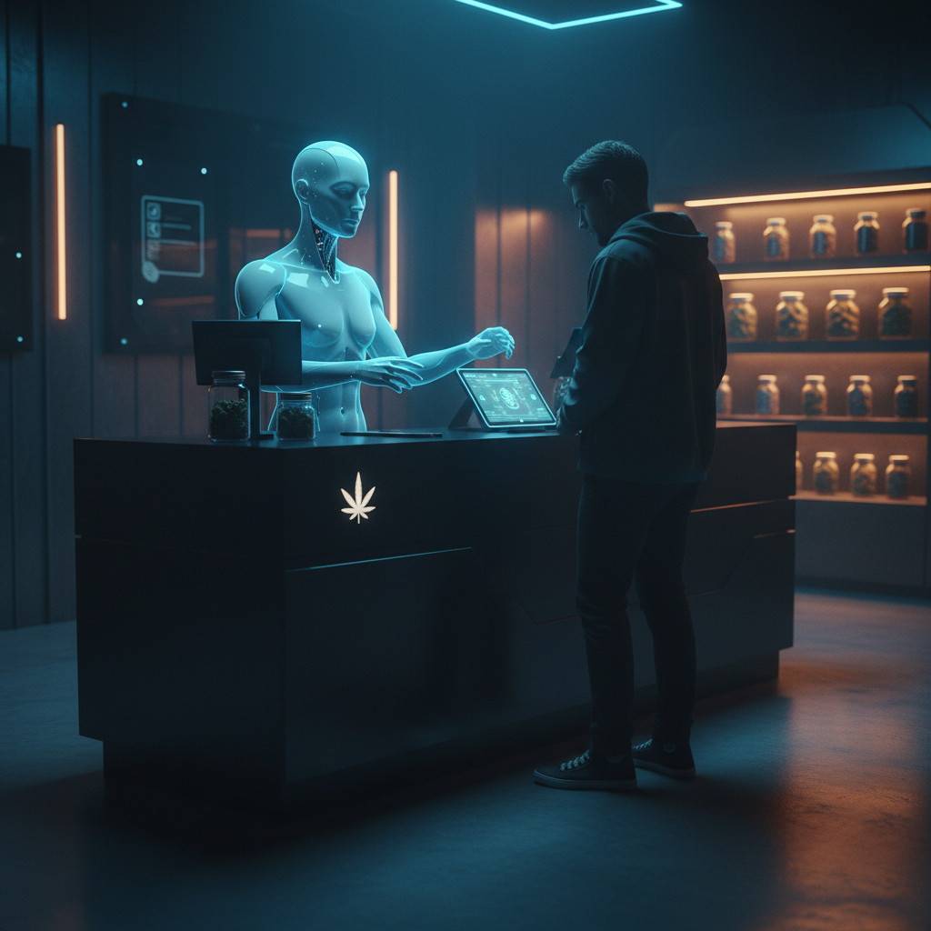 Holographic AI budtender at cannabis checkout counter with skeptical customer