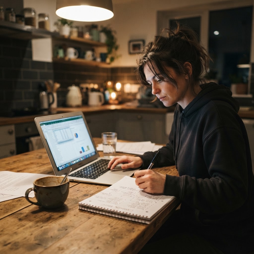 Candid phone photo of a marketer reviewing a handwritten campaign brief at a kitchen table